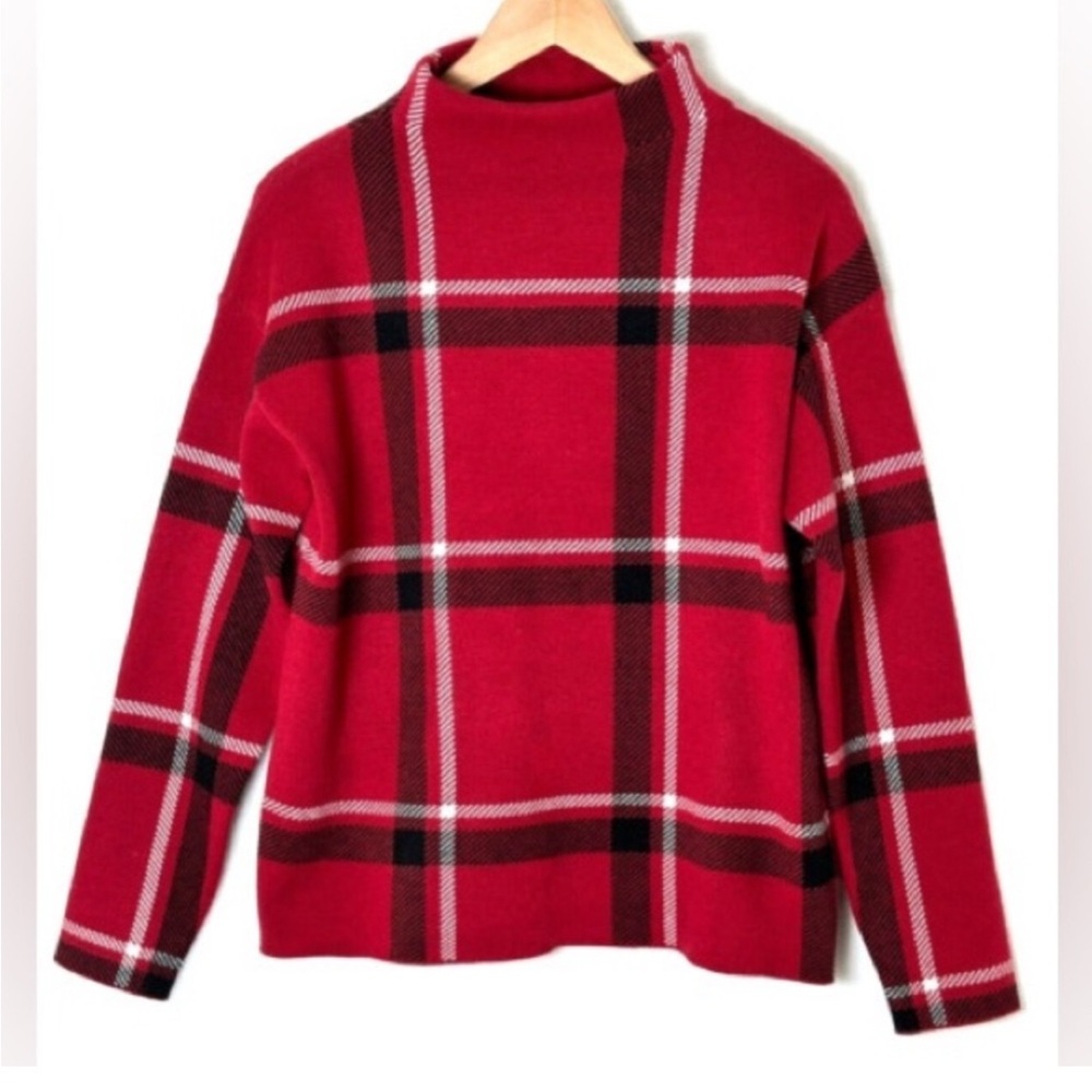 Tahari Red Plaid Long Sleeve Mock Turtleneck Sweater in Large